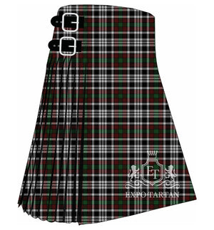 Men's Borthwick Dress Tartan Kilt showing traditional knife pleats in a deep green and red sett, intricately woven with a dense grid of black and white lines