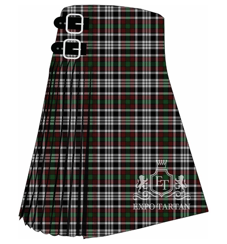 Men's Borthwick Dress Tartan Kilt showing traditional knife pleats in a deep green and red sett, intricately woven with a dense grid of black and white lines