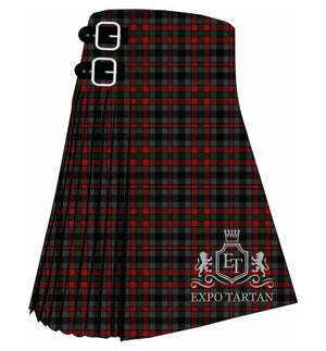 Men's Borthwick Hunting Tartan Kilt showing traditional knife pleats, leather straps, and rust-free buckles in a dense charcoal grey, black, and dark red sett