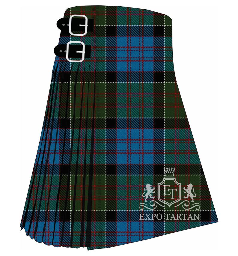 Men's Boston Pipe Band Tartan Kilt showing traditional knife pleats in a bright blue and forest green sett, intricately intersected by thick black bands and fine red and white lines