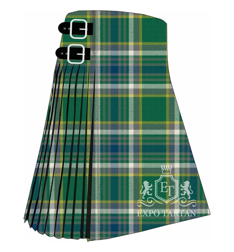 Men's Boucherville District Ancient Tartan Kilt showing traditional knife pleats in a rich green and blue sett, intricately intersected by broad white bands and fine bright yellow lines