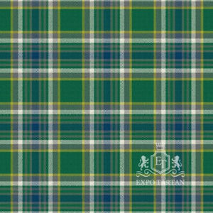 Men's Boucherville District Ancient Swatch showing a rich green and blue sett, intricately intersected by broad white bands and fine bright yellow lines