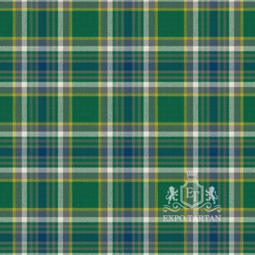 Men's Boucherville District Ancient Swatch showing a rich green and blue sett, intricately intersected by broad white bands and fine bright yellow lines