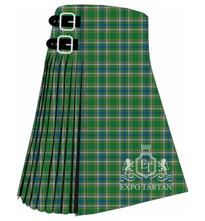 Men's Boucherville District Tartan Kilt showing traditional knife pleats in a bright green and blue sett, intricately intersected by white bands and fine bright yellow lines.