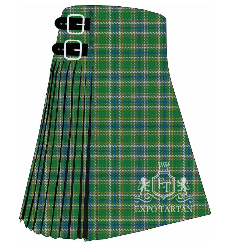 Men's Boucherville District Tartan Kilt showing traditional knife pleats in a bright green and blue sett, intricately intersected by white bands and fine bright yellow lines.