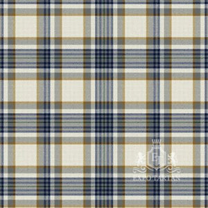 Men's Boucherville Dress Ancient Swatch showing a soft off-white sett, intricately intersected by broad navy blue and grey bands with fine gold lines