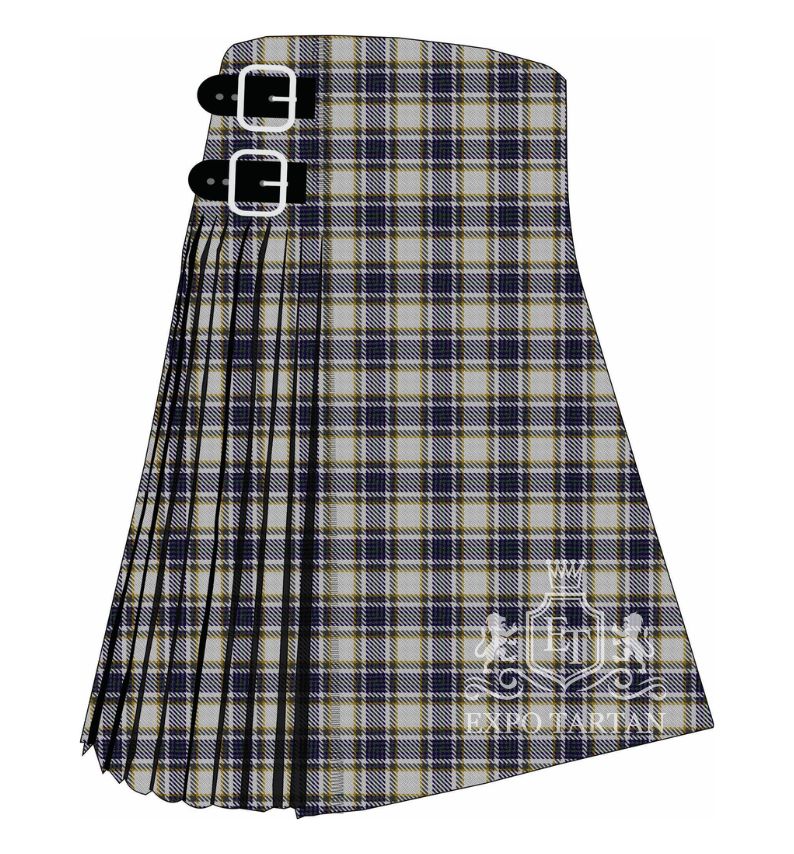 Men's Boucherville Dress Tartan Kilt showing traditional knife pleats in a crisp white sett, intricately intersected by navy blue and grey bands with fine yellow lines