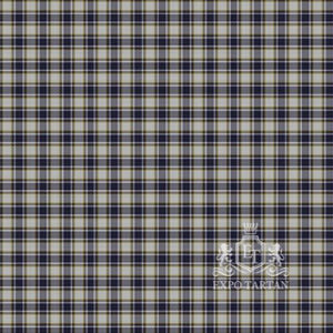 Men's Boucherville Dress Swatch showing a crisp white sett, intricately intersected by navy blue and grey bands with fine yellow lines