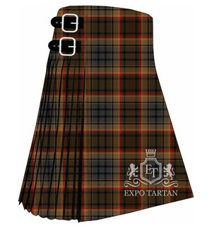 Men's Bracken (WCWM) Tartan Kilt showing traditional knife pleats in an earthy brown and green sett, intricately intersected by charcoal bands with fine red and gold lines