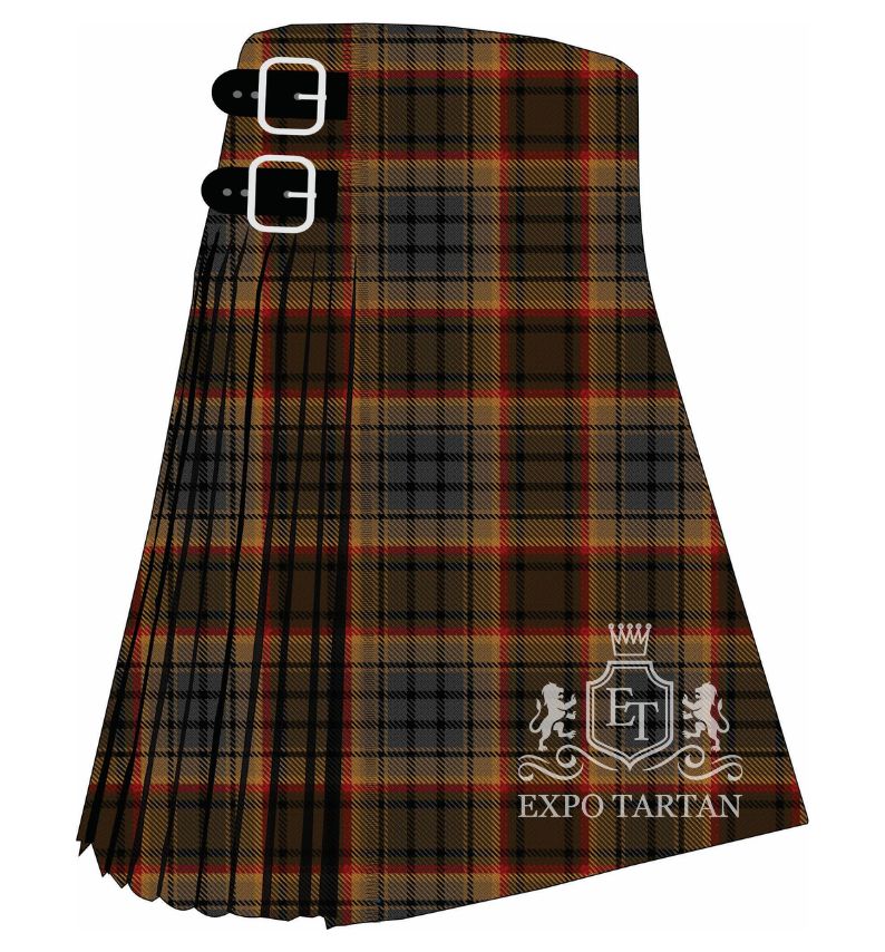 Men's Bracken (WCWM) Tartan Kilt showing traditional knife pleats in an earthy brown and green sett, intricately intersected by charcoal bands with fine red and gold lines