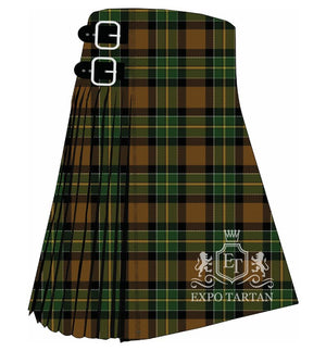 Men's Brandon, Manitoba Tartan Kilt showing traditional knife pleats in an earthy golden-brown sett, intricately intersected by dark forest green and black bands with fine yellow lines