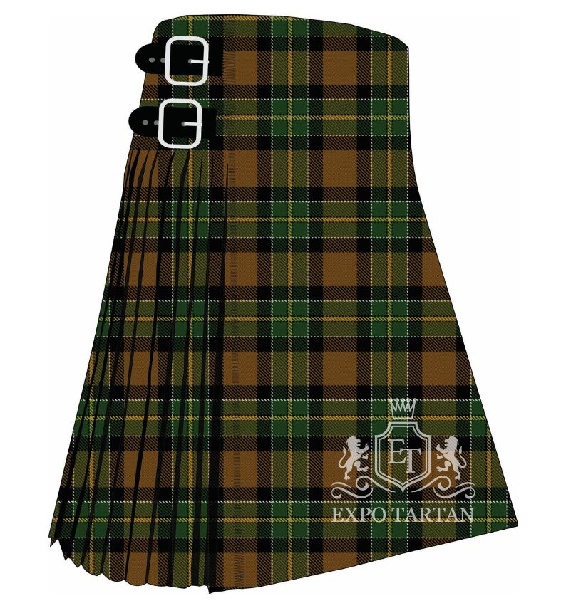 Men's Brandon, Manitoba Tartan Kilt showing traditional knife pleats in an earthy golden-brown sett, intricately intersected by dark forest green and black bands with fine yellow lines