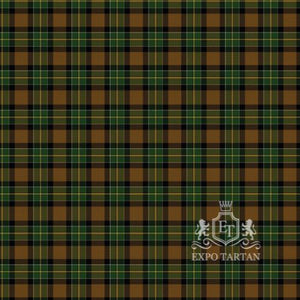 Men's Brandon, Manitoba Swatch showing an earthy golden-brown sett, intricately intersected by dark forest green and black bands with fine yellow lines
