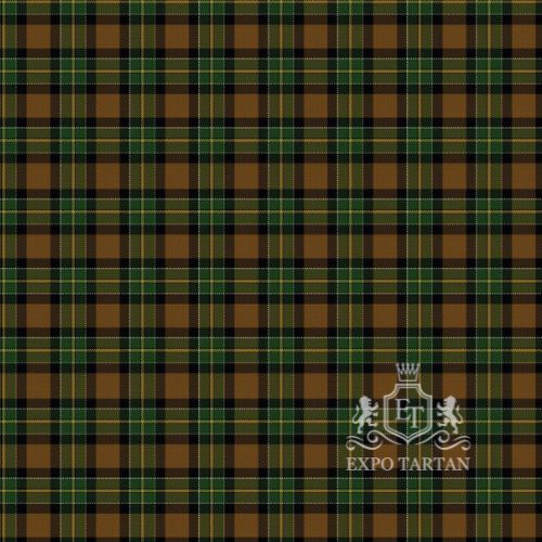 Men's Brandon, Manitoba Swatch showing an earthy golden-brown sett, intricately intersected by dark forest green and black bands with fine yellow lines