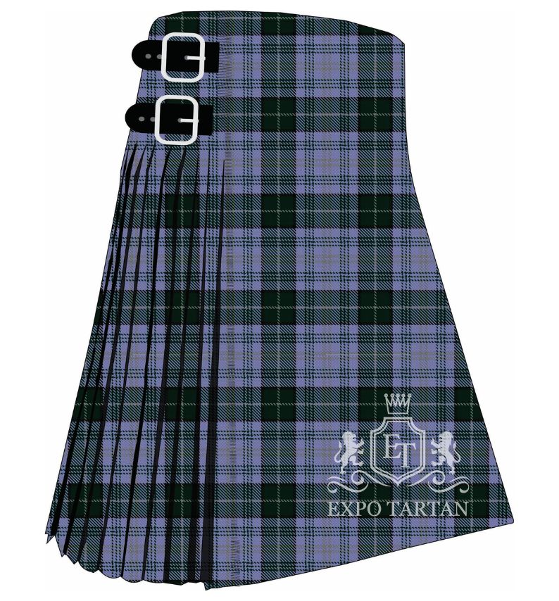 Men's Breifne Tartan Kilt showing traditional knife pleats in a soft heathered purple and forest green sett, intricately intersected by black bands with fine yellow lines