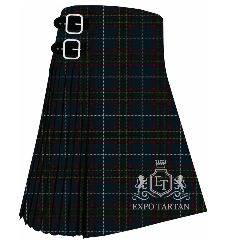 Men's Bressuire Tartan Kilt showing traditional knife pleats in a deep midnight blue and forest green sett, intricately intersected by dark red bands and crisp white lines