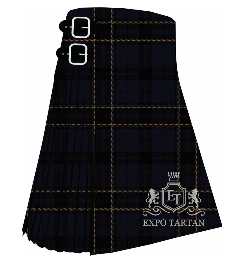 Men's Brighton and Hove Dress Tartan Kilt showing traditional knife pleats in a deep navy and black sett, intricately intersected by fine gold double lines