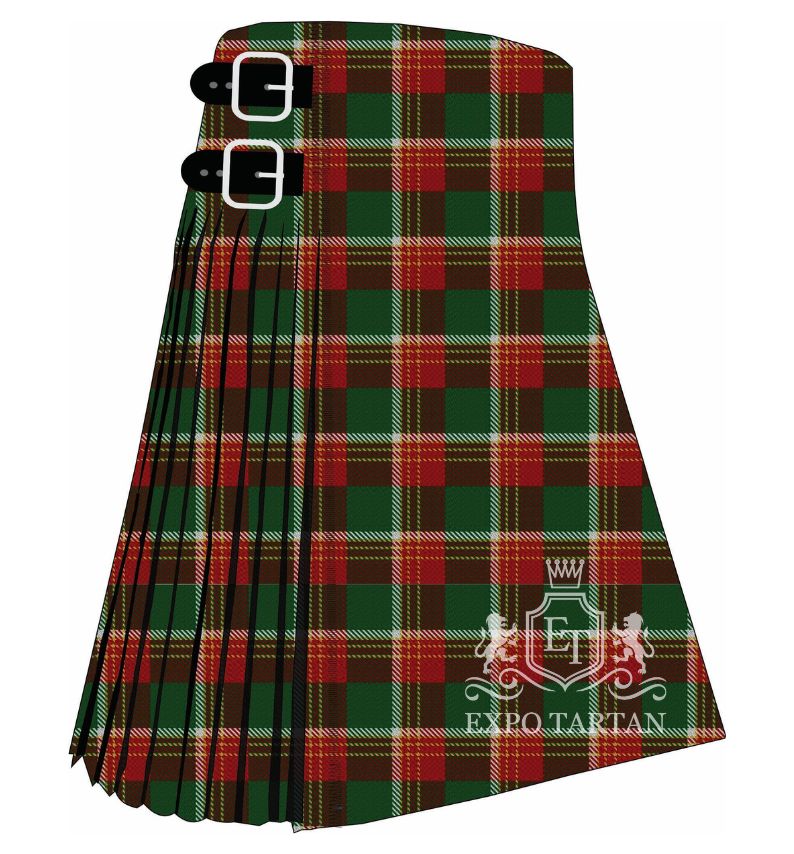 Men's Brisbane Tartan Kilt showing traditional knife pleats in a dense forest green and dark red sett, intricately intersected by fine white and golden yellow lines