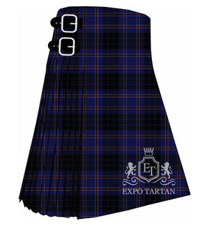 Men's Bristow Helicopters Tartan Kilt showing traditional knife pleats in a dense navy blue and black sett, intricately intersected by fine red and white lines