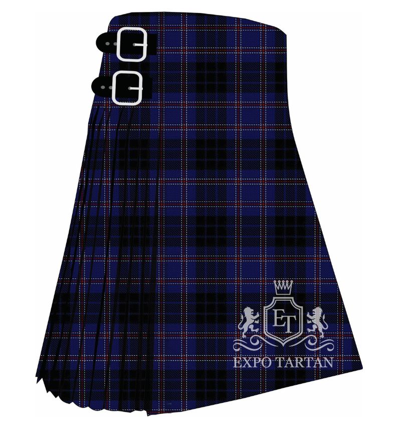 Men's Bristow Helicopters Tartan Kilt showing traditional knife pleats in a dense navy blue and black sett, intricately intersected by fine red and white lines