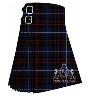 Men's Britannia Tartan Kilt showing traditional knife pleats in a dense navy blue and black sett, intricately intersected by red double bands and fine white lines