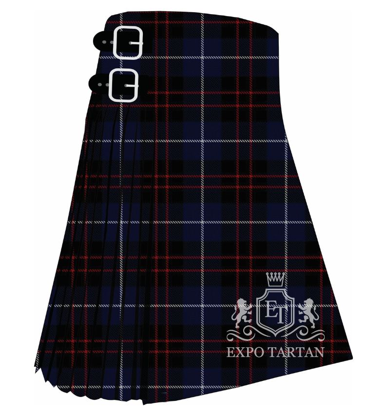 Men's Britannia Tartan Kilt showing traditional knife pleats in a dense navy blue and black sett, intricately intersected by red double bands and fine white lines
