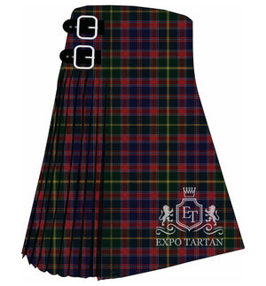 Men's British Airways Tartan Kilt showing traditional knife pleats in a dense navy, green, and red sett, intricately intersected by fine golden yellow lines