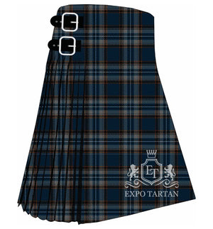 Men's British Caledonian Airways #1 Tartan Kilt showing traditional knife pleats in a dense dark navy sett, intricately intersected by lighter blue bands and fine reddish-brown lines