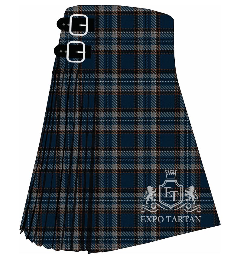 Men's British Caledonian Airways #1 Tartan Kilt showing traditional knife pleats in a dense dark navy sett, intricately intersected by lighter blue bands and fine reddish-brown lines