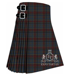 Men's British Caledonian Airways #2 Tartan Kilt showing traditional knife pleats in a deep slate grey sett, intricately intersected by maroon bands and fine bright blue and yellow lines.