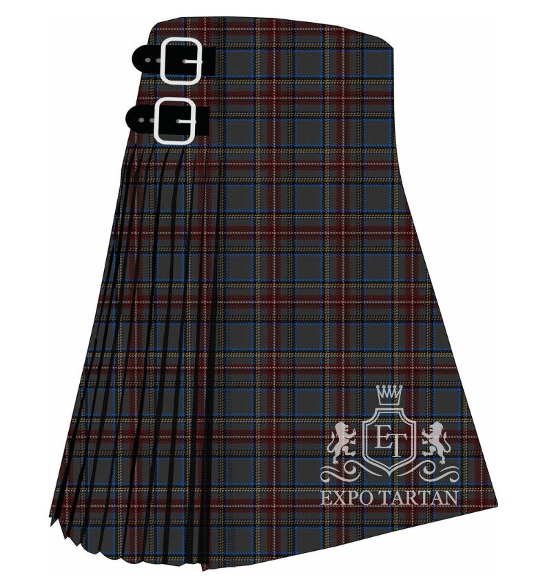 Men's British Caledonian Airways #2 Tartan Kilt showing traditional knife pleats in a deep slate grey sett, intricately intersected by maroon bands and fine bright blue and yellow lines.