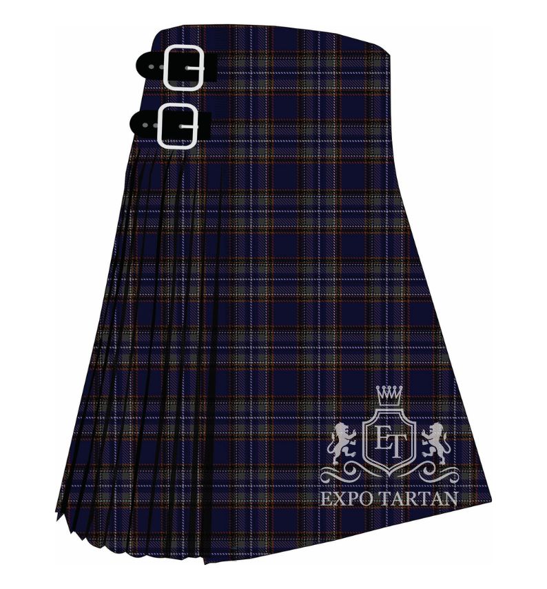 Men's British Caledonian Airways #3 Tartan Kilt showing traditional knife pleats in a deep navy blue sett, intricately intersected by muted red and grey bands with fine white and yellow lines