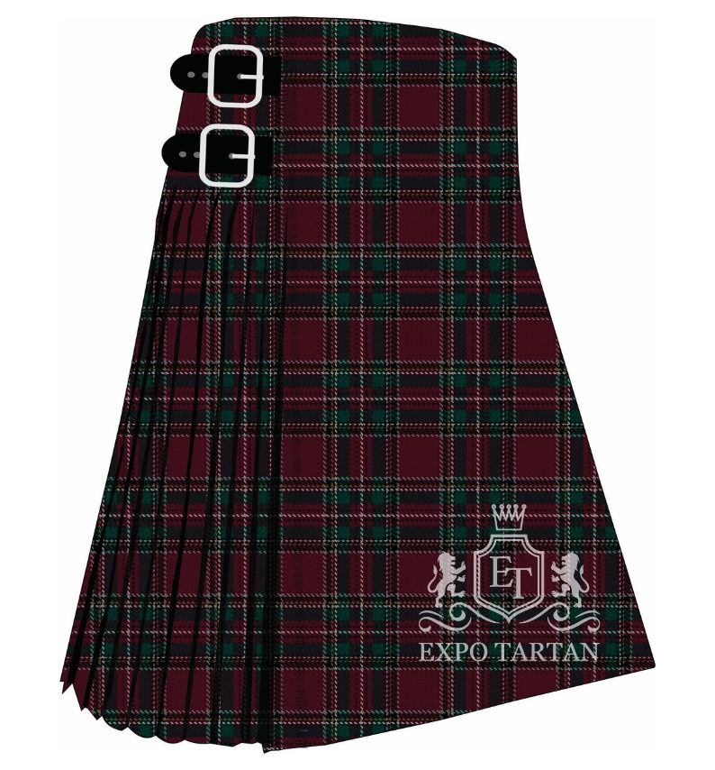 Custom British Caledonian Airways #4 Tartan Kilt featuring a burgundy, dark green, black, and gold plaid pattern by Expo Tartan