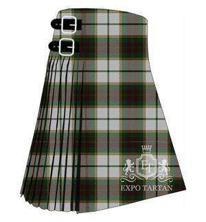 Men's British Columbia #2 Tartan Kilt showing traditional knife pleats in a light silver sett, intricately intersected by deep forest green and burgundy blocks with fine gold lines