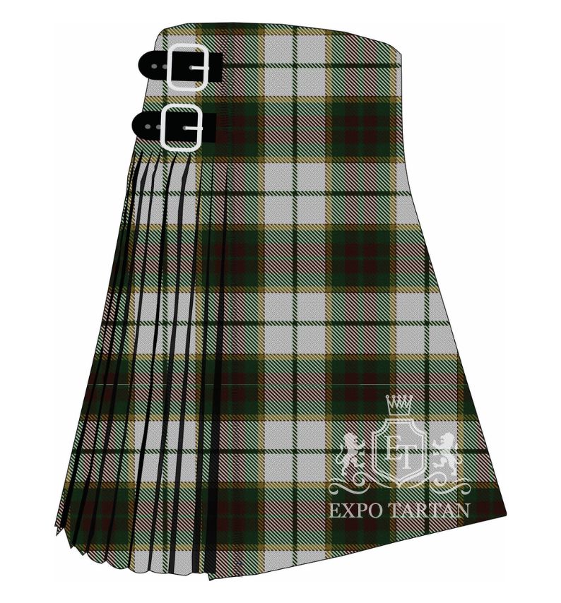 Men's British Columbia #2 Tartan Kilt showing traditional knife pleats in a light silver sett, intricately intersected by deep forest green and burgundy blocks with fine gold lines