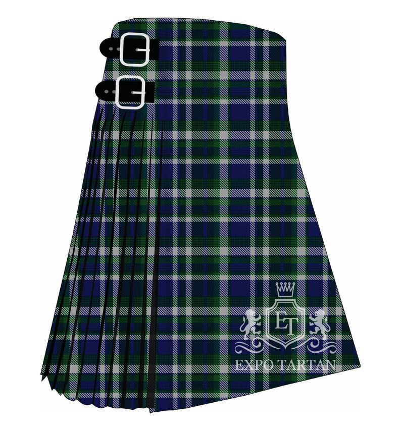 Men's British Columbia (CIDD 28107) Tartan Kilt showing traditional knife pleats in a deep navy blue and green sett, intricately intersected by crisp light grey double lines