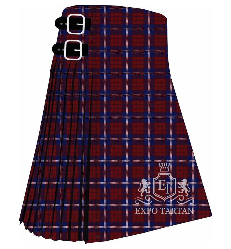 Men's British European Tartan Kilt showing traditional knife pleats in a deep red and navy blue sett, intricately intersected by fine gold lines.