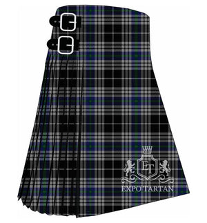 Men's Brittany National Tartan Kilt showing traditional knife pleats in a striking black and silver-grey sett, intricately intersected by fine blue and green lines.