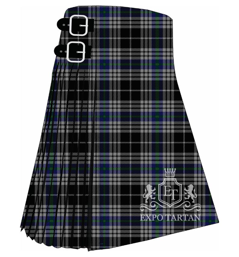 Men's Brittany National Tartan Kilt showing traditional knife pleats in a striking black and silver-grey sett, intricately intersected by fine blue and green lines.