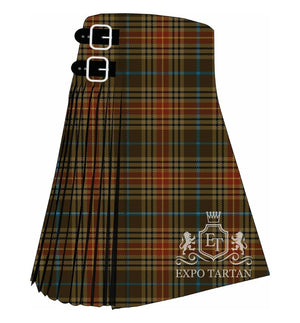 Men's Brittany National Walking Tartan Kilt showing traditional knife pleats in a deep brown and muted olive sett, intricately intersected by rust orange bands and fine bright blue lines