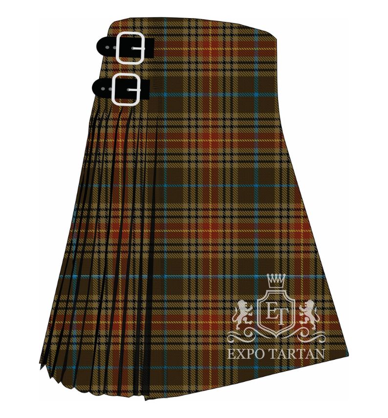 Men's Brittany National Walking Tartan Kilt showing traditional knife pleats in a deep brown and muted olive sett, intricately intersected by rust orange bands and fine bright blue lines