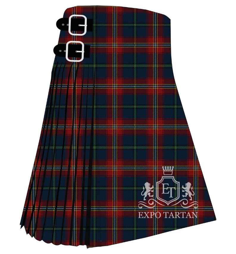 Men's Bro Naoned Tartan Kilt showing traditional knife pleats in a deep navy and red sett, intricately intersected by fine bright blue, green, and yellow lines