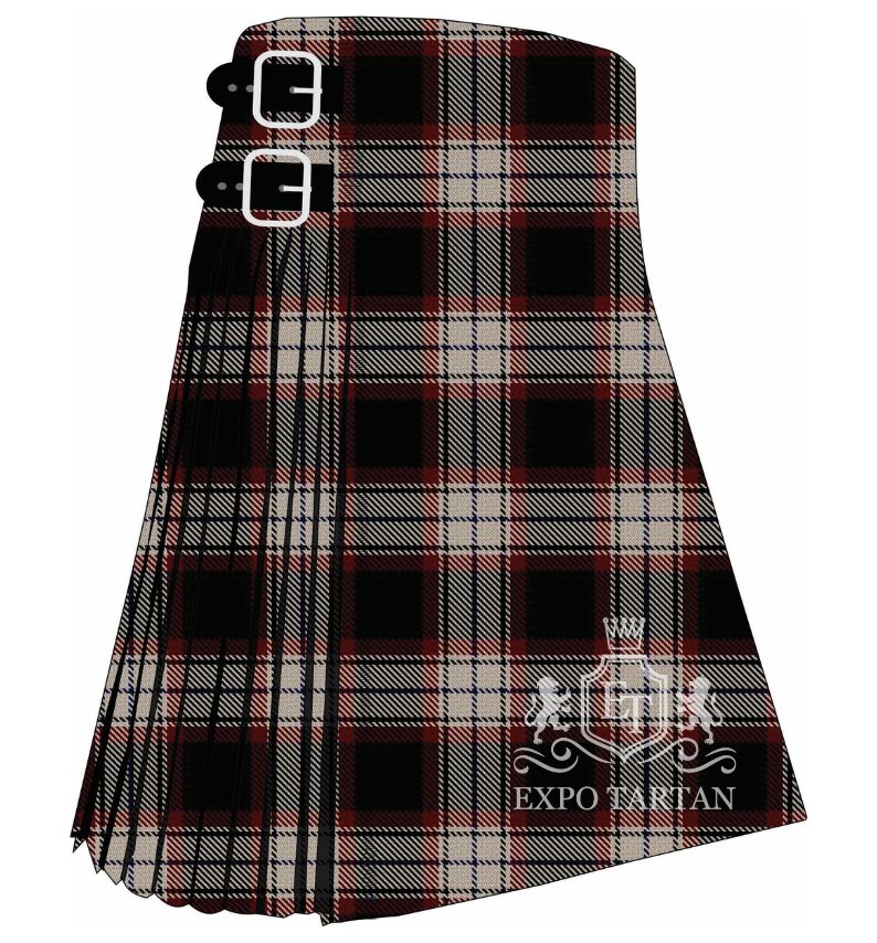 Men's Bro Wened Tartan Kilt showing traditional knife pleats in a deep black sett, intricately intersected by pale beige bands and fine red lines.