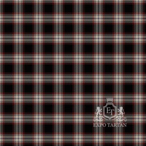 Men's Bro Wened Swatch showing a deep black sett, intricately intersected by pale beige bands and fine red lines.