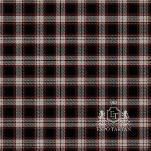 Men's Bro Wened Swatch showing a deep black sett, intricately intersected by pale beige bands and fine red lines.