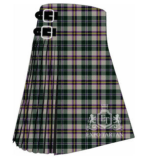 Men's Broad Cove Concert Tartan Kilt showing traditional knife pleats in a pale grey and dark green sett, intricately intersected by fine purple and yellow lines