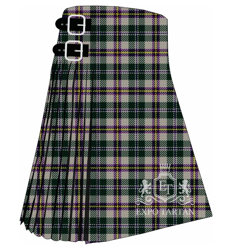 Men's Broad Cove Concert Tartan Kilt showing traditional knife pleats in a pale grey and dark green sett, intricately intersected by fine purple and yellow lines