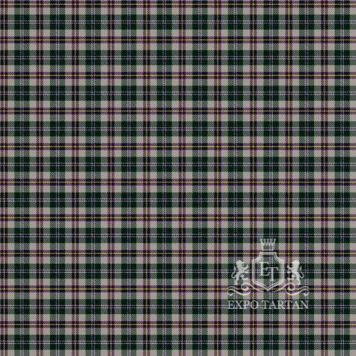 Men's Broad Cove Concert Swatch showing a pale grey and dark green sett, intricately intersected by fine purple and yellow lines