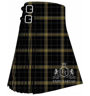 Men's Broken Arrow, City of Tartan Kilt showing traditional knife pleats in a deep black and charcoal grey sett, intricately intersected by bright golden-yellow lines