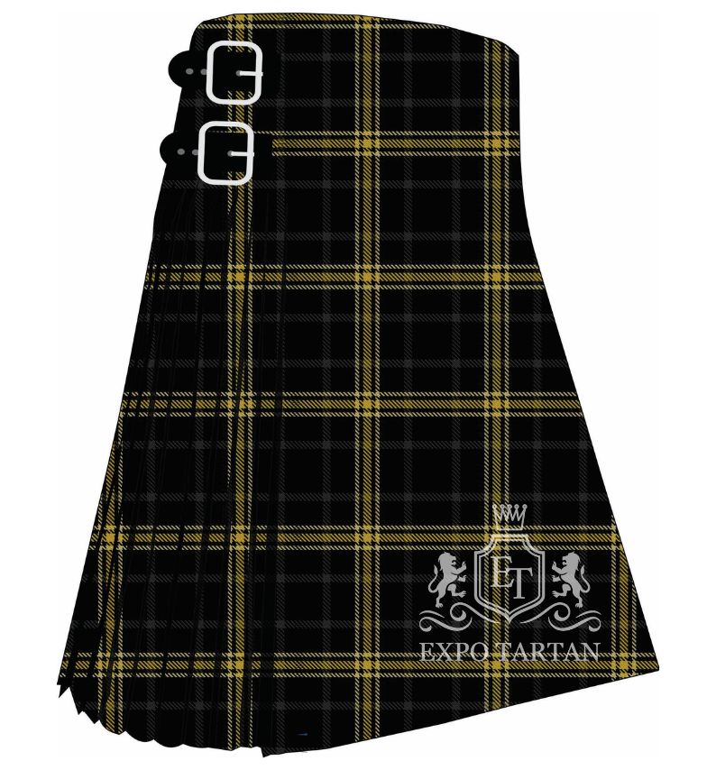 Men's Broken Arrow, City of Tartan Kilt showing traditional knife pleats in a deep black and charcoal grey sett, intricately intersected by bright golden-yellow lines